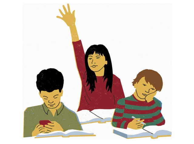 Illustration of three students in a classroom, one girl and two boys. The girs has her hand raised.