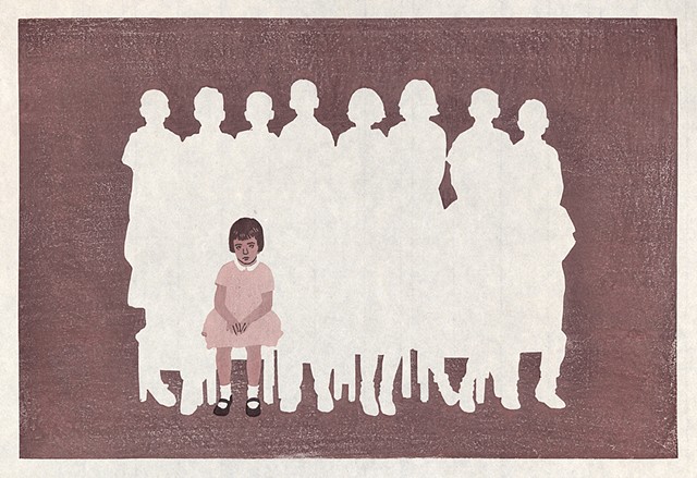Moku hanga woodblock print by Annie Bissett showing a lonely child in a gradeschool class picture