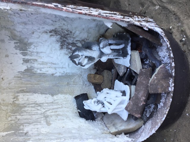 Burn out the wax and bake the  clay into hard ceramic the  ceramic shell is hot and ready for  casting