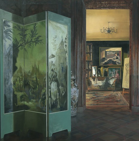 The Lacquered Screen, 2024, Oil on Linen, 127 x 126 cm / 50 x 49 1/2 inches