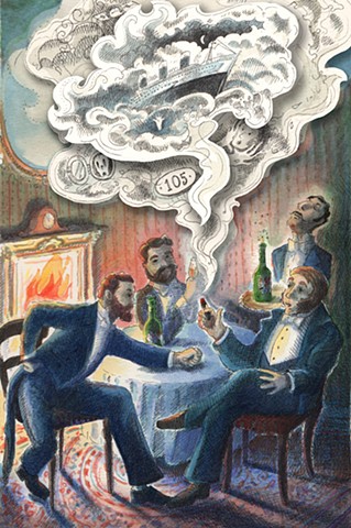 watercolour illustration four men in victorian clothes sit around a table in front of an open fire smoking cigars and drinking brandy and telling ghost stories about a haunted ship
