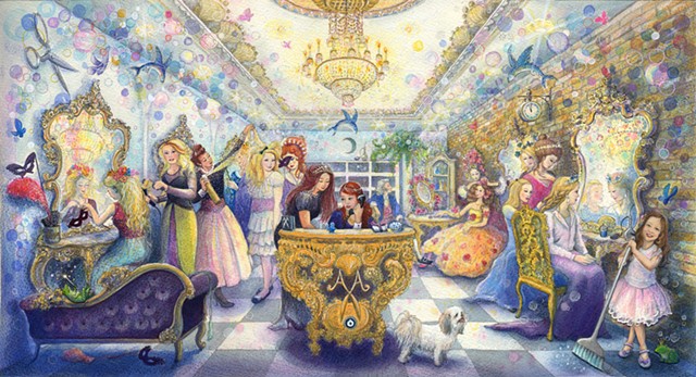 watercolour illustration of a salon hairdresser dressing room period costume ballroom party in perspective