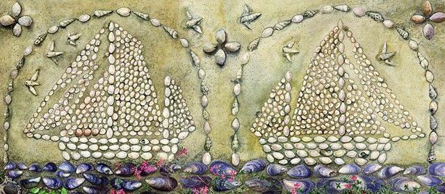 watercolour illustration of cowrie winkle and mussel sea shells pressed into a wall in the shape of two sailing ships