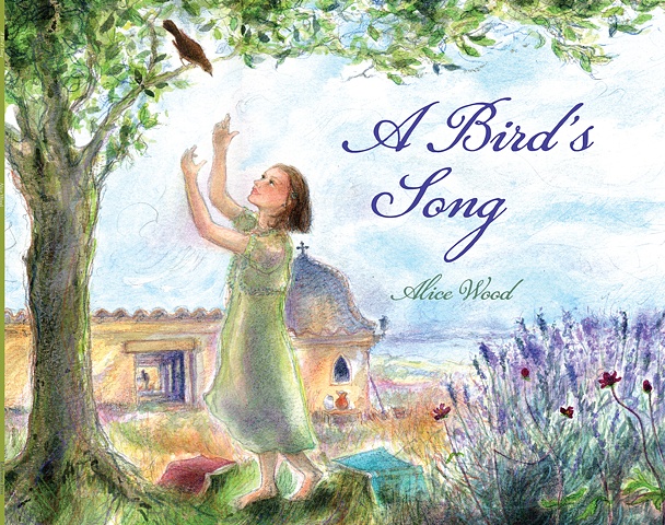 watercolour and pencil illustration book cover of a young girl standing in a mediterranean gargen reaching up into the branches of a tree towards a small brown bird nightingale