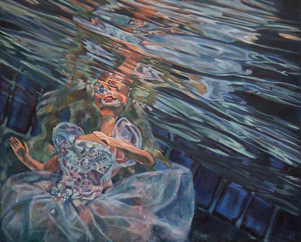 Oil painting of Barbie Doll and her reflection from Daena Title's "Drown the Dolls" series