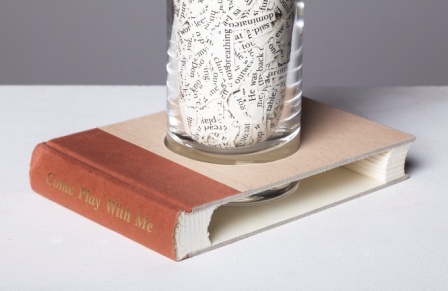 conceptual art with books and words, sculpture