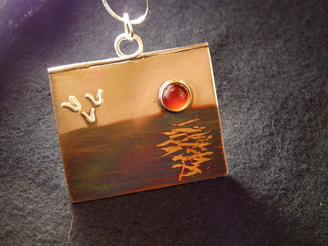 Setting Sun - Sterling Silver with Patina 23.5K gold, Carnelian