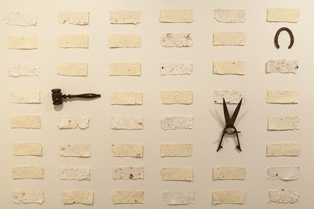 handmade cotton felt, graphite on paper, found objects, bronze, natural plants, wood, vintage weighing scale, cast iron