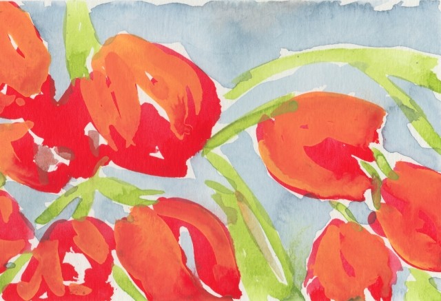 A Watercolour depicting Orange Tulips.