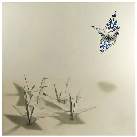 origami bird, crane, painting