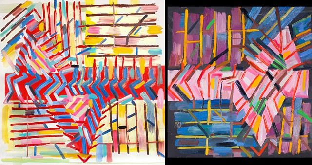 abstract painting, stripes, geometric, overalls, red, blue, black, pink, diptych