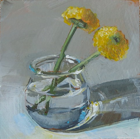 still life, acrylic painting, two cut flowers, yellow flowers,small jar,watercolor paper
