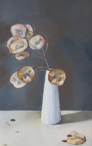 oil painting, still life, Lunaria seeds, Money Plant
