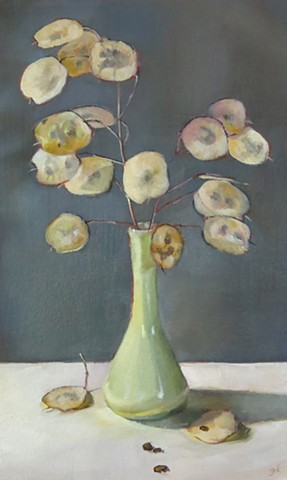 still life, oil painting, Lunaria seeds, money plant