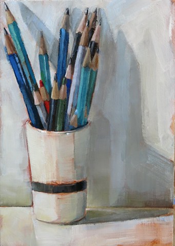 oil painting, still life, ceramic cup, pencils