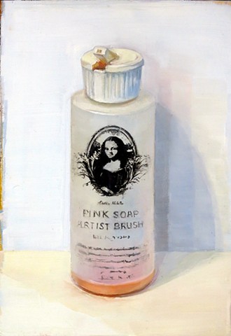 oil painting, still life, bottle, pink soap