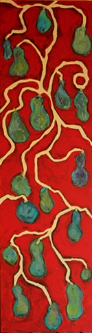 tall narrow abstract original painting of blue/green fruit on a vine...red background
