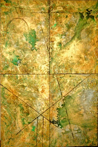 abstract work on canvas, 4 panels, greens, bronze, brown, silver 