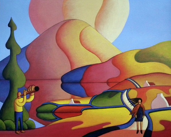 Dreamscape with couple and cottages by Alan Kenny