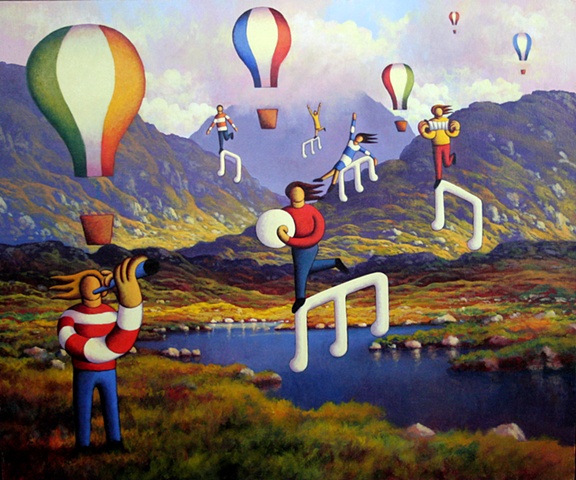 Connemara landscape with balloons and musicians