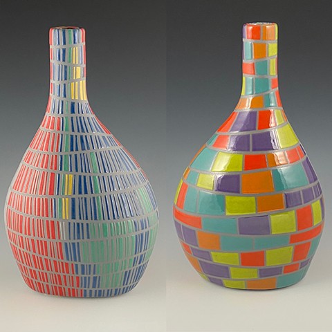 Midcentury Monsters: four vs many, 2022-24, Cone 5 Clay, Underglaze, Glaze. 