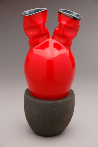 Red Stirrup Vase on Pedestal