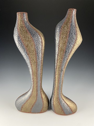 Midcentury Monsters: policy patinaed pair, 2022-24, Cone 5 Clay, Glaze. 