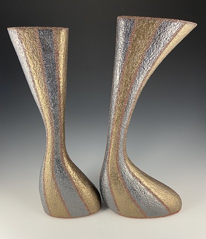 Midcentury Monsters: policy patinaed pair 2, 2022-24, Cone 5 Clay, Glaze.