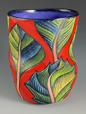 Red Tumbler with Leaves, 2021, 4.5"x3.5" Reserved