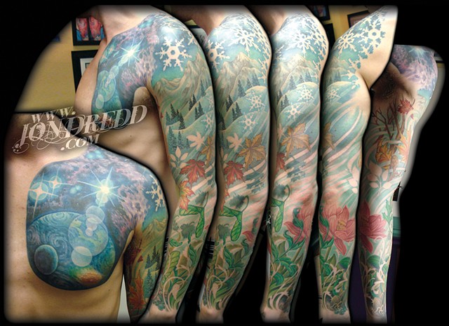 seasons sleeve earth nature crucial tattoo studio salisbury maryland delaware jon dredd kellogg tattoos