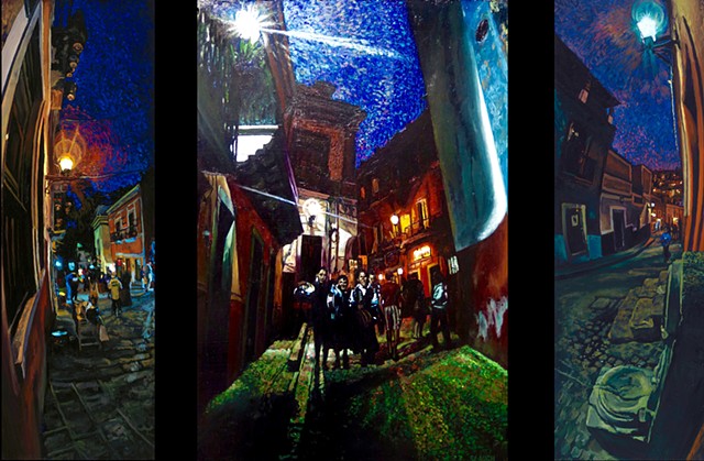 Guanajuato night street scene callejoneada callejon street lights