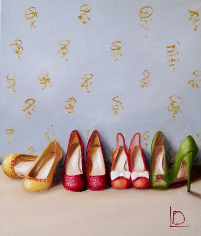 original oil painting of party shoes, in jewel like colours with a luxurious vintage feel, by Brighton artist Linda Boucher