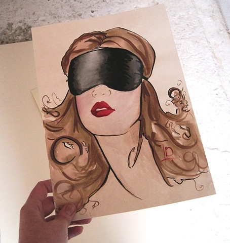 Erotic art watercolour of a woman in a black satin blindfold, with vivid red lips. Original watercolour by Brighton artist Linda Boucher.