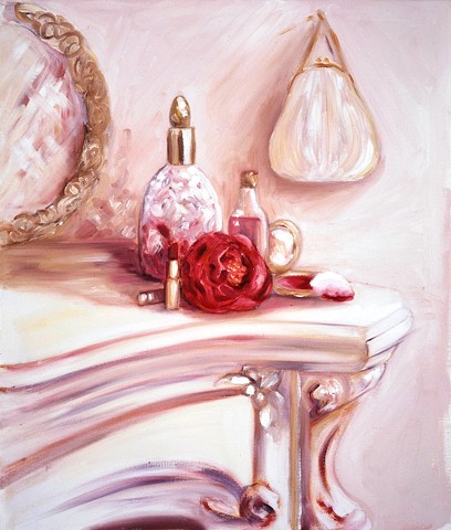 wedding trousseau with bridal wares, including make up, purse, perfume painted in oils by Linda Boucher, artist.