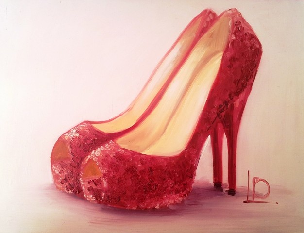raspberry coloured sparkle shoes with stiletto heels and peeptoes, by Brighton artist Linda Boucher