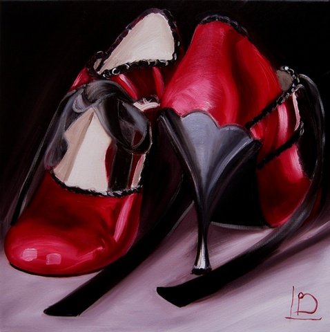 red vamp shoes with black velvet ribbon ties painted in oils by Brighton artist Linda Boucher