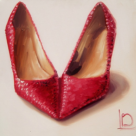 An oil painting on canvas of sparkly red shoes. Their toes point in, in a cute composition. 