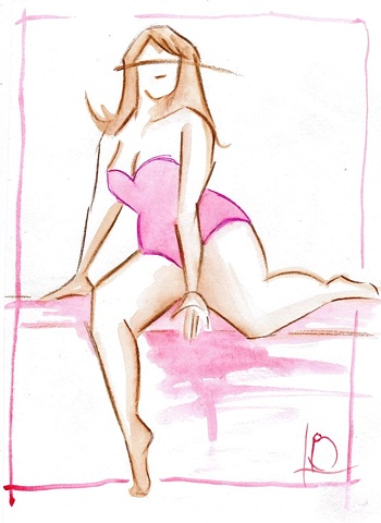 Linda Boucher creates beautiful paintings of women from her Brighton studio. This drawing of a curvy woman in pink corset is a great opportunity to purchase a small original artwork.