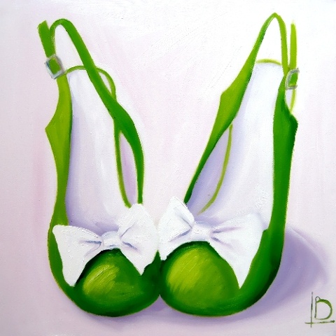 Crisp fresh apple green and white oil painting on canvas of cute shoes with bows by Linda Boucher
