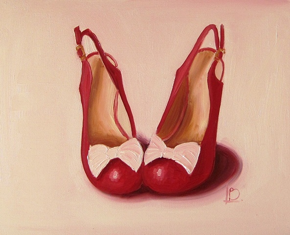 small original oil painting of cute red shoes, with luscious white bows, by Brighton artist Linda Boucher.