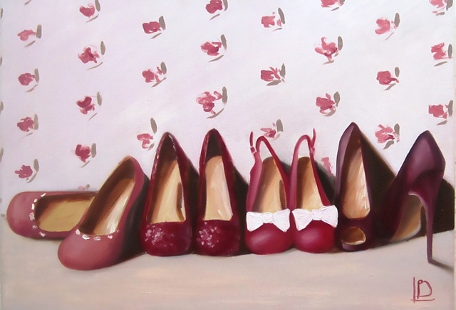 vintage themed painting of red shoes against a rose patterned wallpaper by Linda Boucher, Brighton artist.