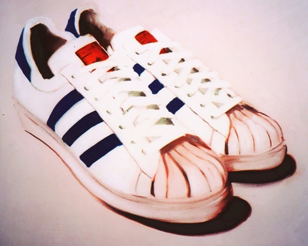 Original oil painting of classic Adidas Superstars with shell toes. White trainers with three blue stripes by Linda Boucher