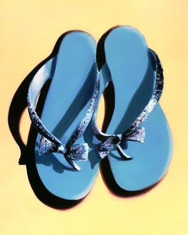 Carolina Blue thongs, with swarovski crystals, and bows on the toe posts, sit on a sandy yellow background. This oil painting is a  gallery wrapped canvas by Linda Boucher