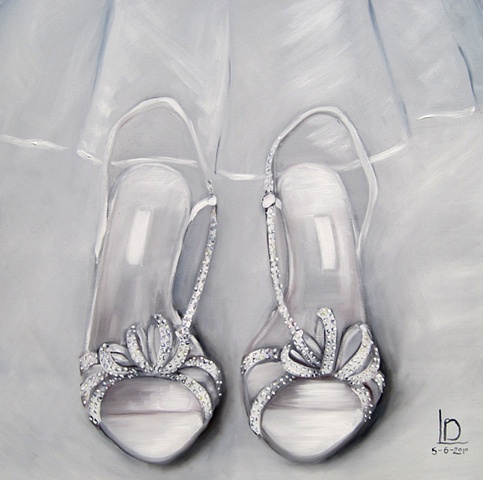 white wedding shoes with sparkles by Brighton artist Linda Boucher. Commissioned by the bride as a memento of her special day.