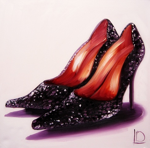 Gorgeous deep purple heels with sparkles, a beautiful oil painting on canvas for women who love shoes.