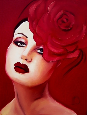 Original oil on canvas large painting by Linda Boucher. This specially commissioned artwork was created in Linda's Brighton studio- part of Brighton Seafront's Artists' Quarter. This is an excellent example of Linda's portraiture artwork, and the deep red