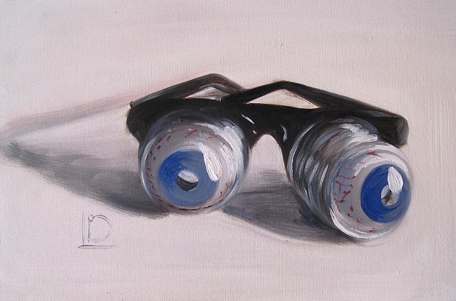 Classic joke shop Googly Eye glasses painted in oils on canvas board by Brighton artist Linda Boucher