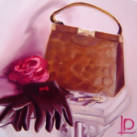 An alligator handbag and kid leather gloves feature in this contemporary still life. An homage to Joan Holloway's style, this is an original oil painting by Linda Boucher