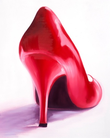 Ultra feminine, curvaceous red stiletto by contemporary British artist, Linda Boucher. Painting from her Brighton studio, Linda Boucher's artwork often features red and pink shoes, alongside gorgeous portraits of glamorous women.
