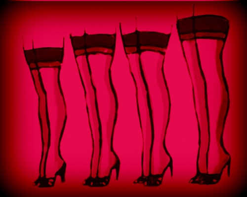 Vintage lingerie ads inspire this contemporary art image. Four pairs of stocking clad legs, create a beautiful and erotic vignette. Art on StockingTops by Linda Boucher